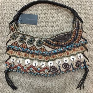 Neutral Beaded Linen and Leather Shoulder Bag